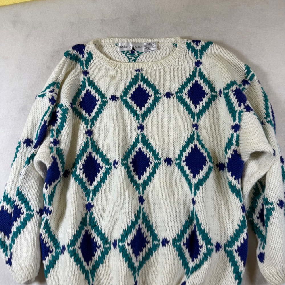 Robert Scott Ltd Vintage 80s Diamond Knit Sweater Cream Teal Blue Ramie Cotton L